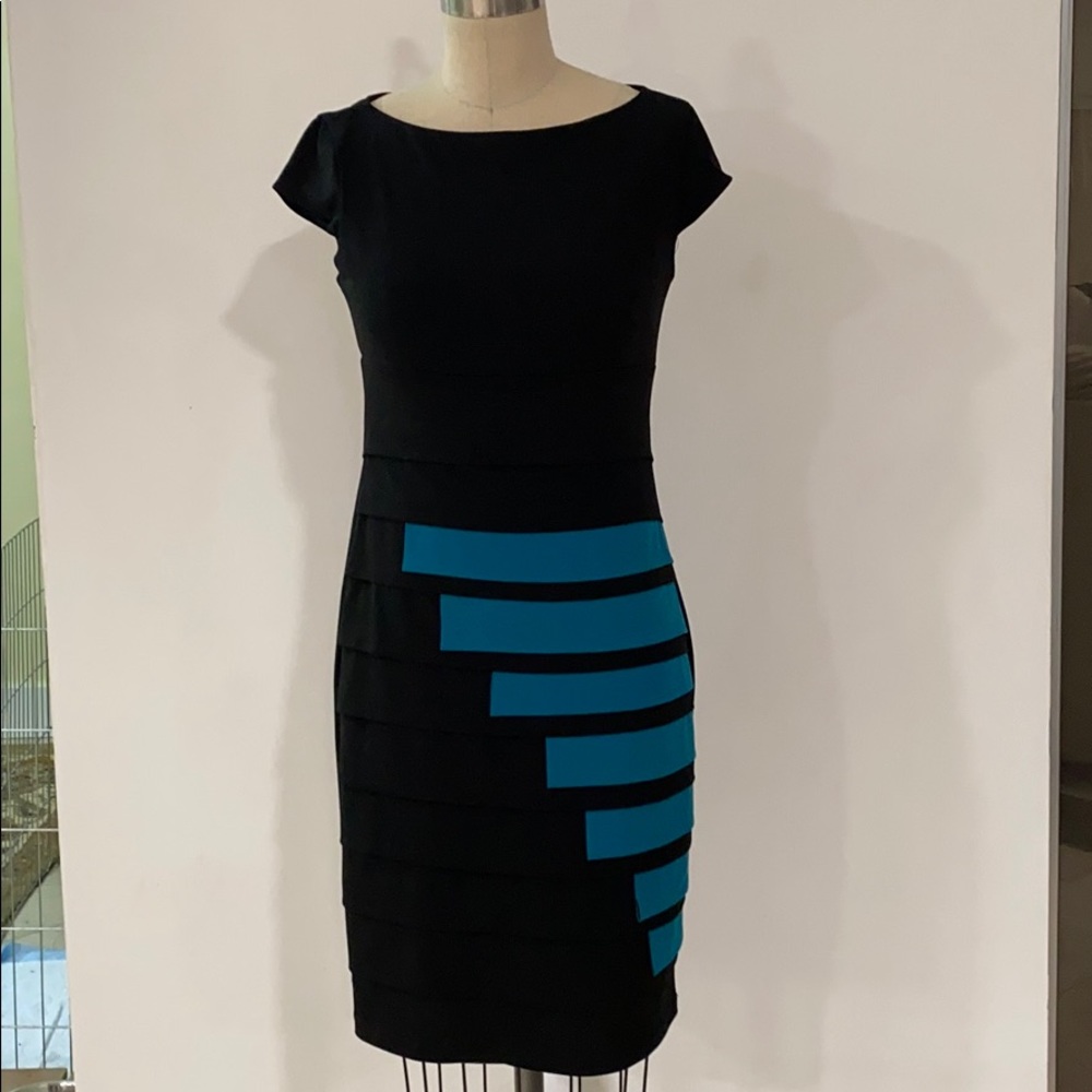 Black dress with asymmetrical turquoise layers